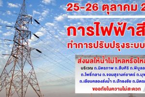 25ต.ค.62 ขออภัยในความไม่สะดวก การไฟฟ้าสีคิ้วทำการปรับปรุงระบบไฟฟ้า ส่งผลให้น้ำประปาไม่ไหลหรือไหลอ่อน