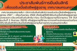 1 ต.ค.67 เทศบาลนครนครราชสีมา เปิดการรับยืนยันสิทธิการขอรับเงินเบี้ยยังชีพผู้สูงอายุ